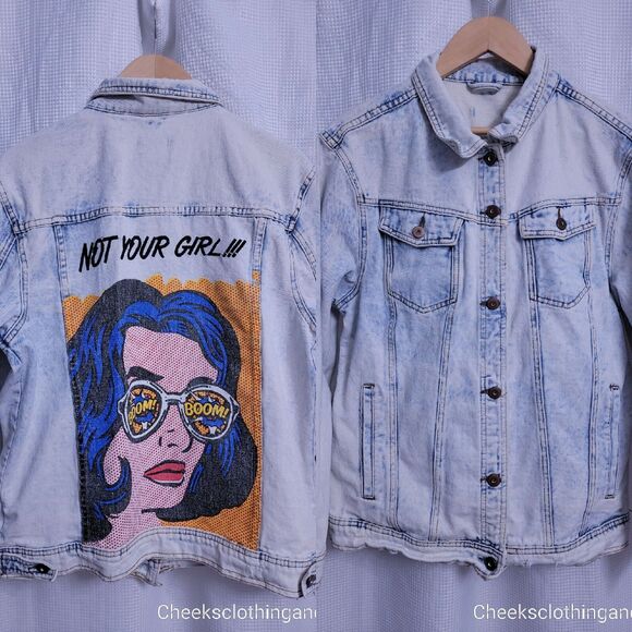 Not Your Girl Distressed Grunge Bleach Acid Wash Denim Jacket Women's size LARGE - Picture 2 of 9